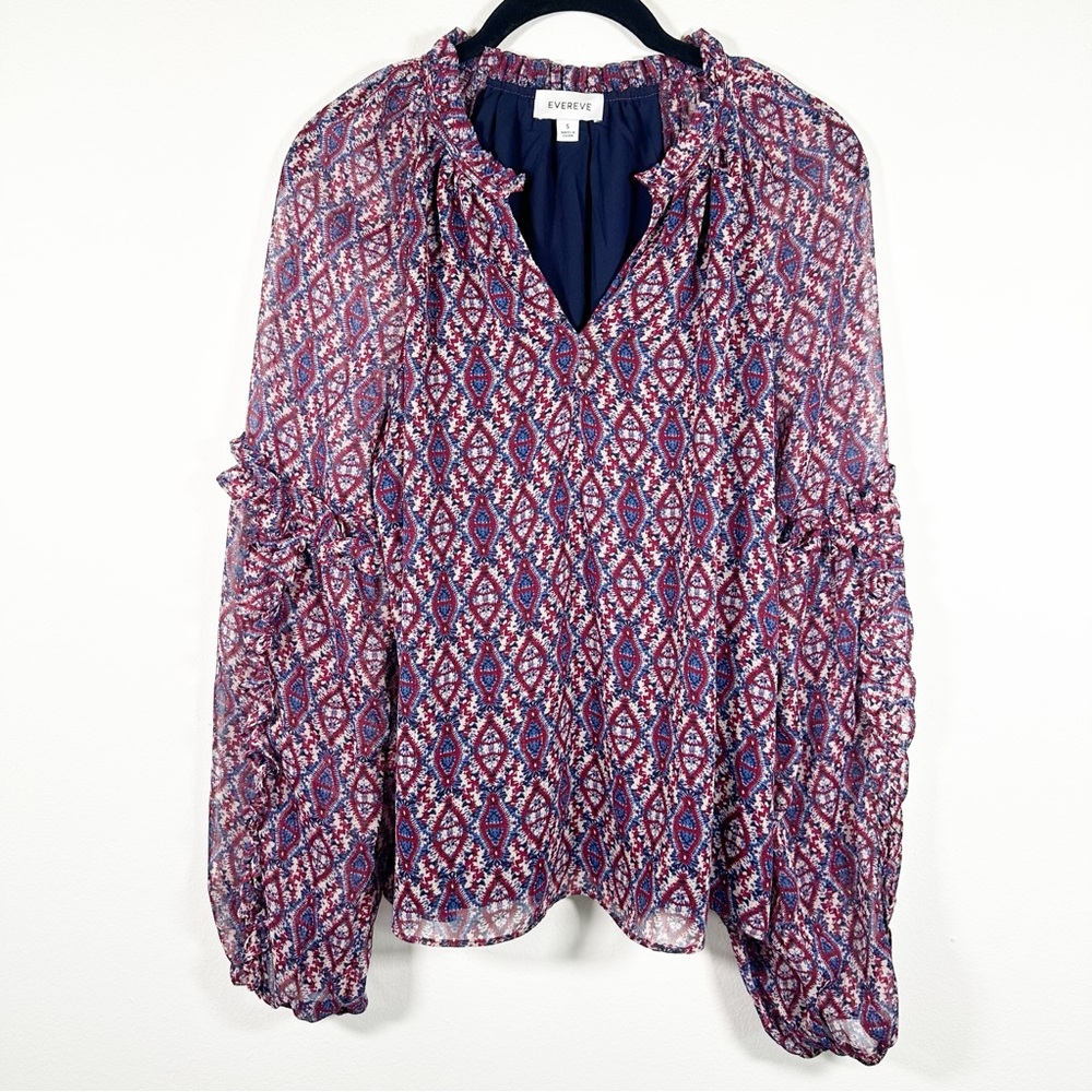 Evereve Printed Ruffle Neck Peasant Blouse - Navy & Burgundy size Small